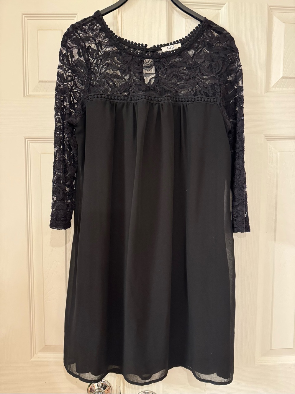 Black Lined Semi Sheer Cocktail Party Babydoll Dress/Lace Neck And Sleeves Sz M